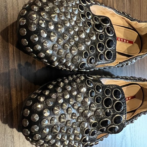 Prada Black Leather Crystal & Studded Embellishment Loafers - Size IT: 38 - Picture 6 of 9